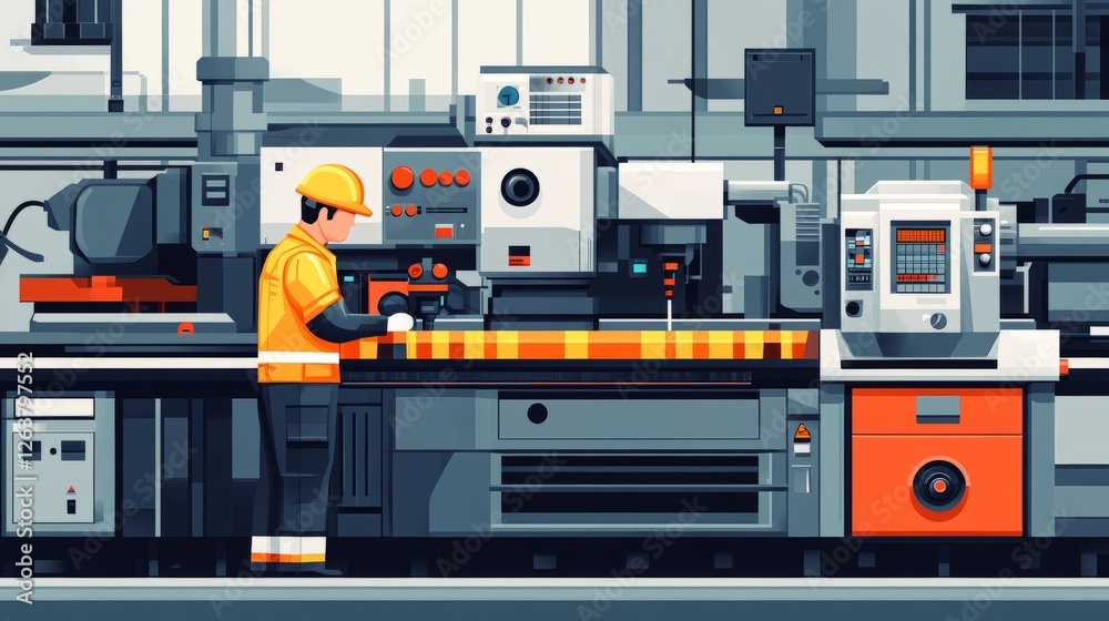 Factory worker operating industrial machinery in a modern manufacturing plant. Factory worker operating industrial machinery in a modern manufacturing plant.