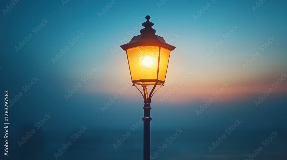 Illuminated street lamp in misty twilight Illuminated street lamp in misty twilight