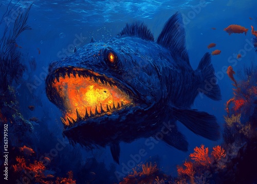 A big, dark fish with a widely open mouth brimming with sharp teeth, complete with a long, thin, bioluminescent appendage that extends from its head