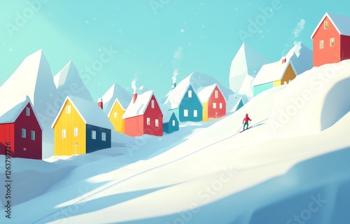 The Kulusuk village in Greenland, during winter, presents colorful houses photo