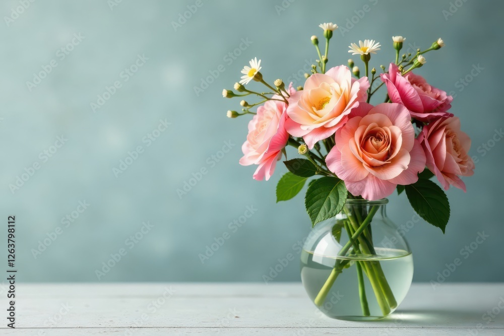 A delicate floral arrangement in a modern glass vase, simple, decor, interior design A delicate floral arrangement in a modern glass vase, simple, decor, interior design