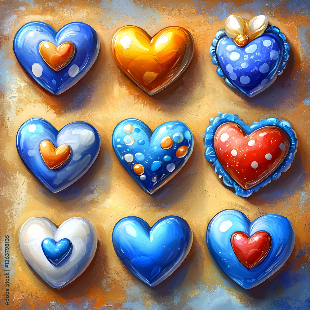 Fototapeta premium Colorful heart-shaped decorations arranged on a textured background; perfect for Valentine's Day or love-themed projects