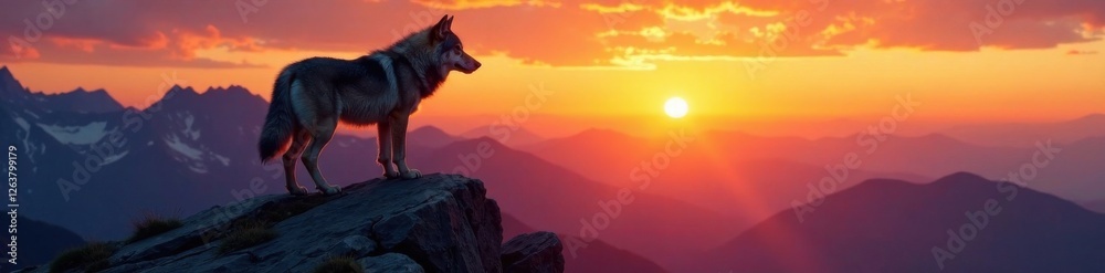 A grey wolf standing on a mountain peak at sunset, gray wolf, landscape, mountain A grey wolf standing on a mountain peak at sunset, gray wolf, landscape, mountain