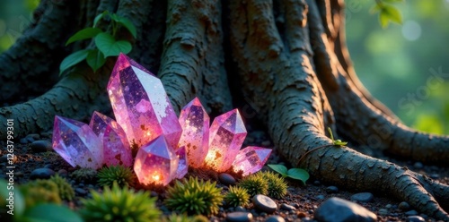 Aural crystals nestled in the roots of an ancient tree , organic, plants, earthy tones