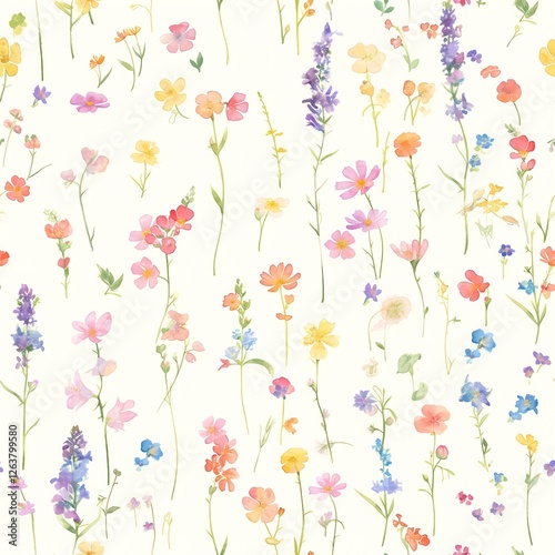 Seamless pattern of watercolor painting of colorful wildflowers for a serene garden scene