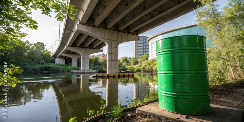 Architectural Photography of a Green Barrel Under a Bridge with Urban Elements, Nature Integration, and Structural Aesthetics Highlighting Sustainable Design and Environmental Harmony Architectural Photography of a Green Barrel Under a Bridge with Urban Elements, Nature Integration, and Structural Aesthetics Highlighting Sustainable Design and Environmental Harmony