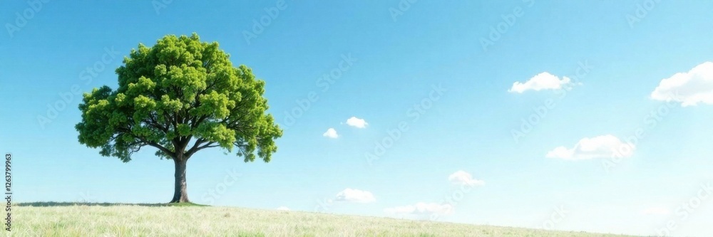 Fototapeta premium A lone tree stands isolated against a clear blue sky with a few scattered white clouds on a vast expanse of pristine white background, blue, isolation, clarity