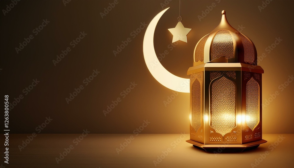 Generated imageRamadan Kareem Islamic greeting background with lantern and crescent moon with copy space Generated imageRamadan Kareem Islamic greeting background with lantern and crescent moon with copy space