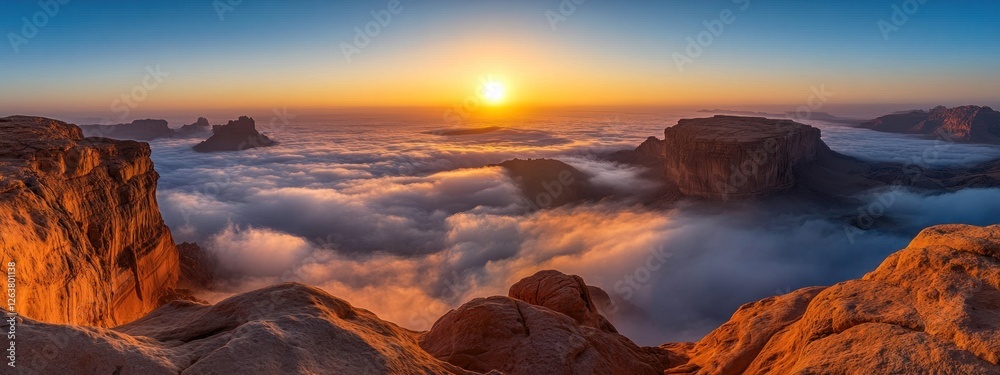 Majestic Sunrise Above the Clouds in Mountainous Landscape Majestic Sunrise Above the Clouds in Mountainous Landscape