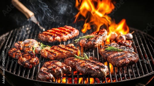 Dynamic composition of barbecue grill with glowing embers, tender meats sizzling, fire sparks captured in motion, smoky haze blending with light