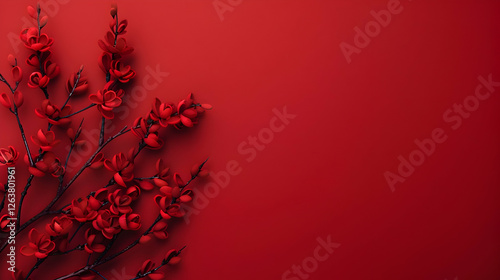 Vibrant red background adorned with delicate red flowers, creating a striking visual contrast