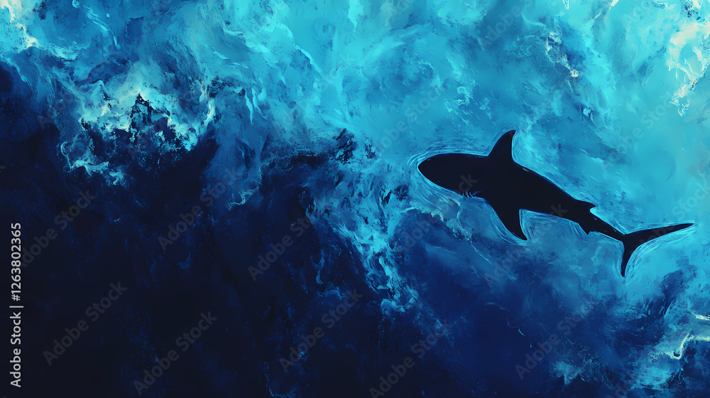 Obraz premium Majestic shark cruising through the depths of a mysterious ultramarine ocean its muscular silhouette propelled by languid movements hypnotic and captivating. Sapphire Ocean Depths. Illustration