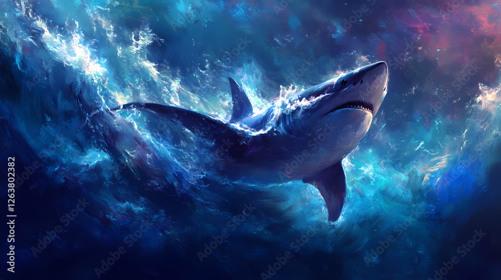 Fototapeta premium Majestic shark cruising through the depths of a mysterious ultramarine ocean its muscular silhouette propelled by languid movements hypnotic and captivating. Sapphire Ocean Depths. Illustration