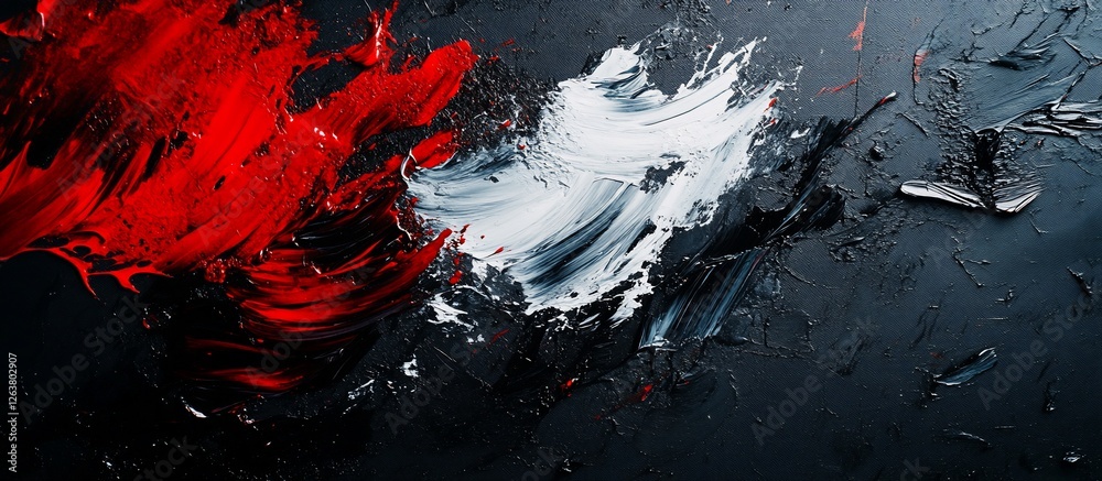 Abstract composition featuring bold red and white paint strokes on a dark textured background Abstract composition featuring bold red and white paint strokes on a dark textured background