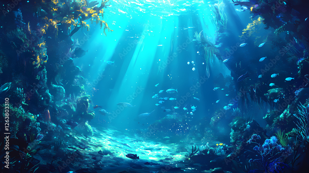 Obraz premium Turquoise ocean and precious, a serene underwater scene with sunlight filtering through the water, illuminating the ocean floor and creating a tranquil atmosphere. Sapphire Ocean Depths. Illustration
