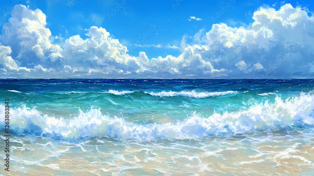 Fototapeta premium Vast ocean view with gentle waves under clear blue sky, evoking tranquility and peace. Sapphire Ocean Depths. Illustration