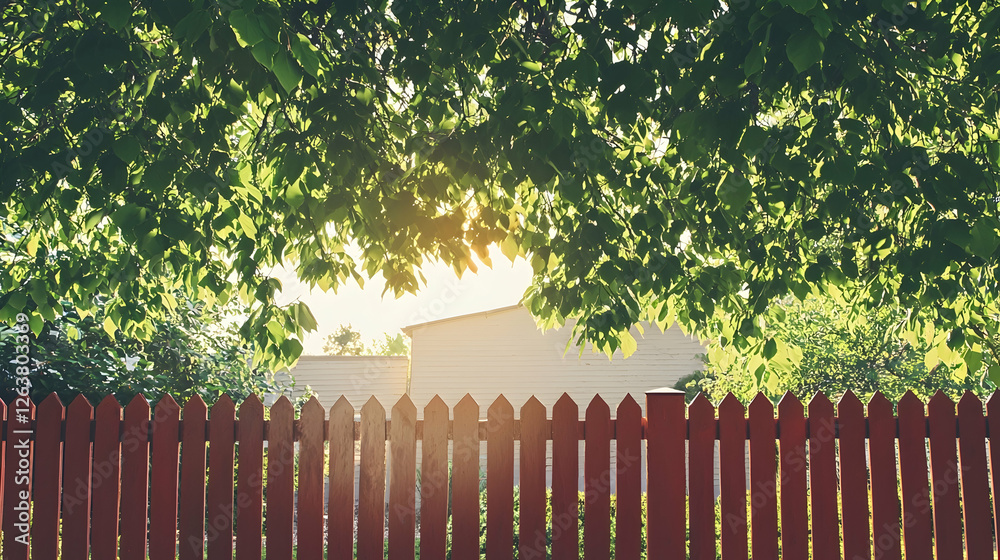 Fototapeta premium Suburban sunset view through leafy branches and red picket fence. Peaceful backyard scene, ideal for real estate or home improvement websites