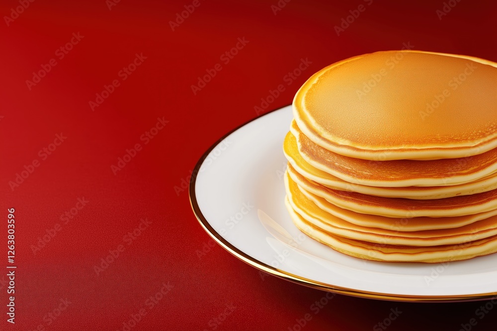Tasty pancakes stacked on porcelain plate on vibrant red background, with copy space Tasty pancakes stacked on porcelain plate on vibrant red background, with copy space