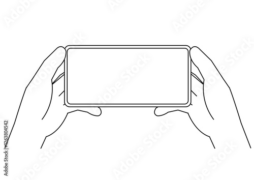 両手で横向きのスマートフォンを持つ手のイラスト_主線あり_モノクロ
