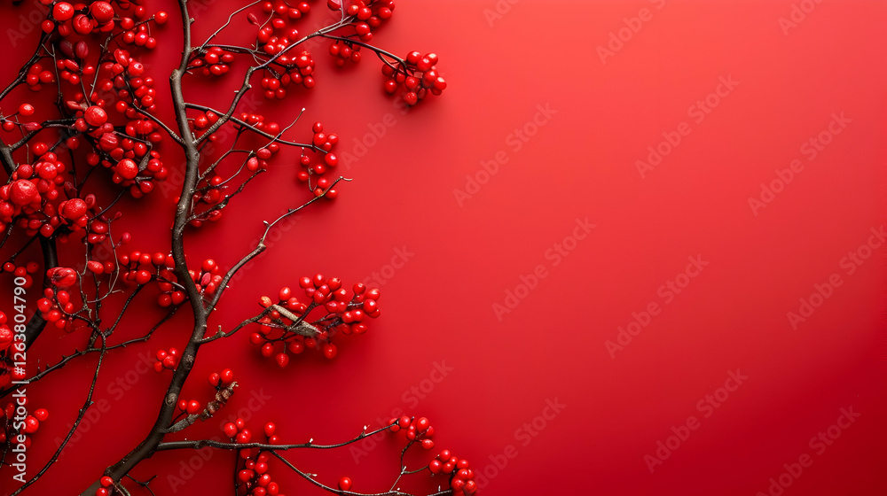 Vibrant red background with a decorative branch of red berries, creating a festive atmosphere Vibrant red background with a decorative branch of red berries, creating a festive atmosphere