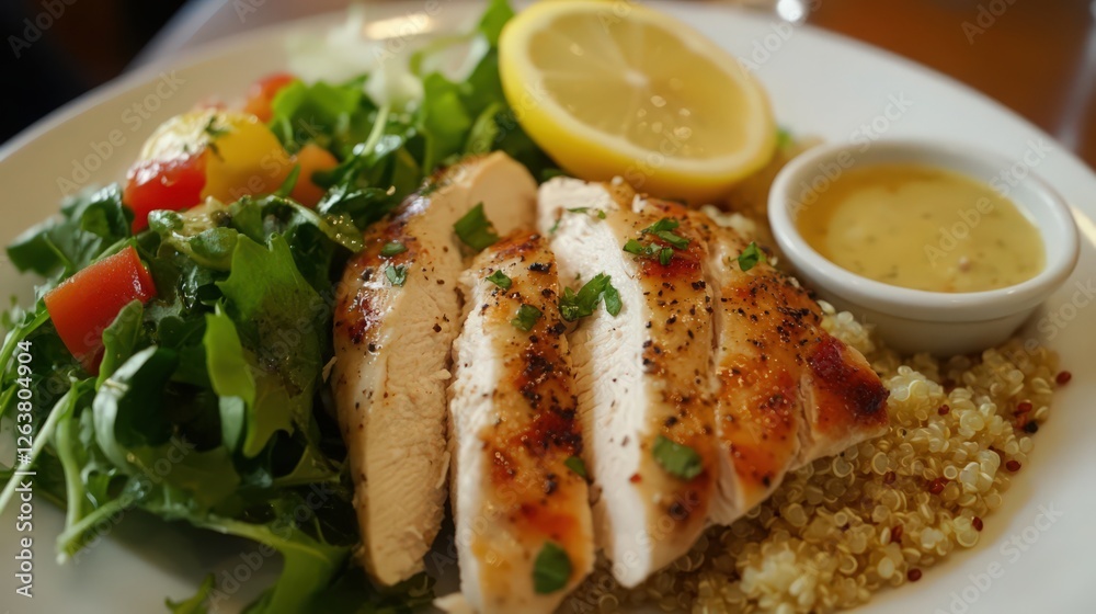 Grilled chicken salad with fresh greens and lemon vinaigrette dressing Grilled chicken salad with fresh greens and lemon vinaigrette dressing