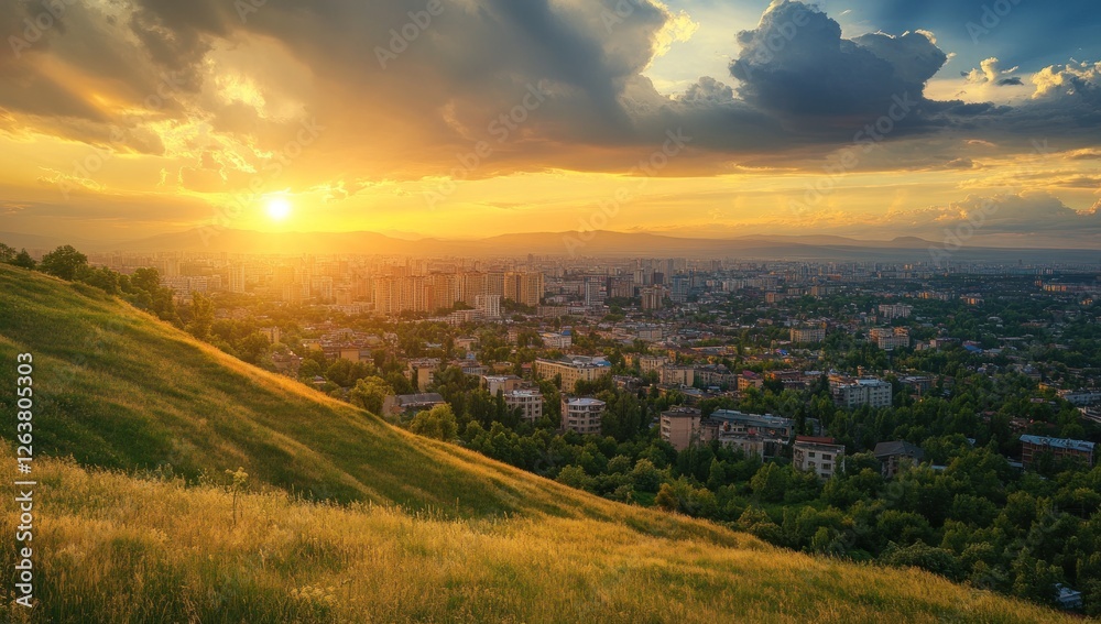 Obraz premium Golden Sunset over Cityscape from Hilltop