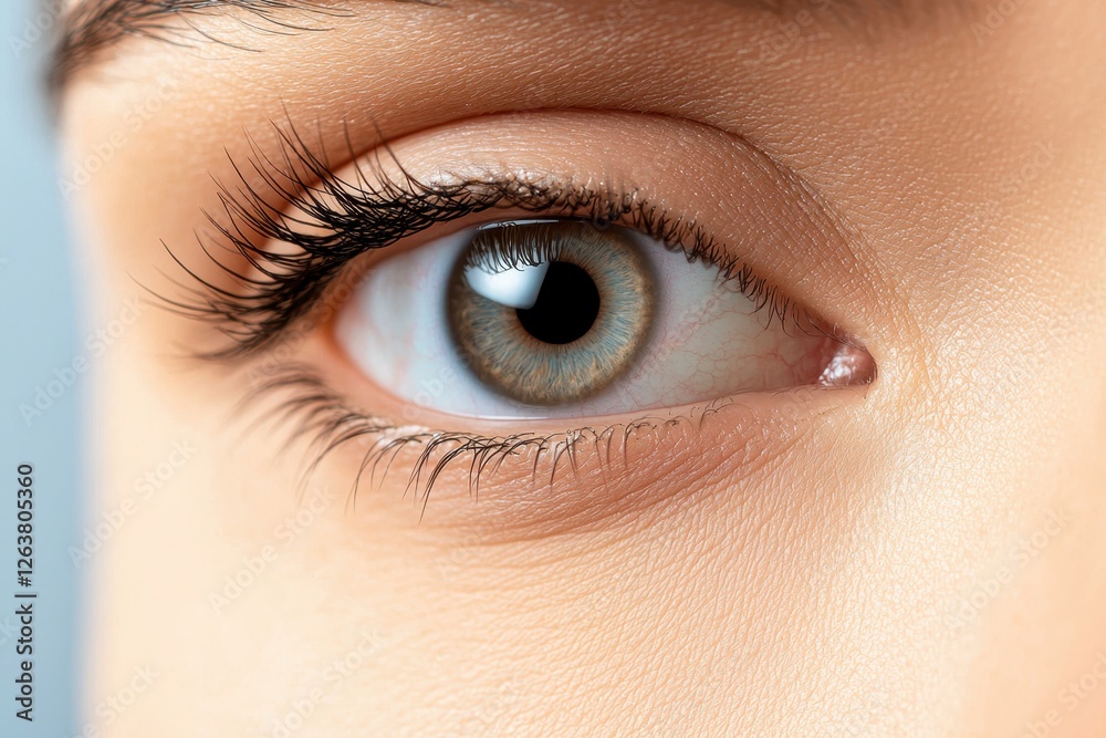 Obraz premium Access to health technology and telemedicine concept. Close-up of a Beautiful Eye with Unique Iris Color and Lush Eyelashes on Soft Skin Background