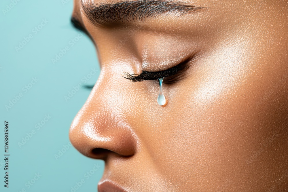 Access to health technology and telemedicine concept. Close-Up of Tear Rolling Down Cheek of Woman with Smooth Skin and Reflective Eye Under Soft Light Access to health technology and telemedicine concept. Close-Up of Tear Rolling Down Cheek of Woman with Smooth Skin and Reflective Eye Under Soft Light