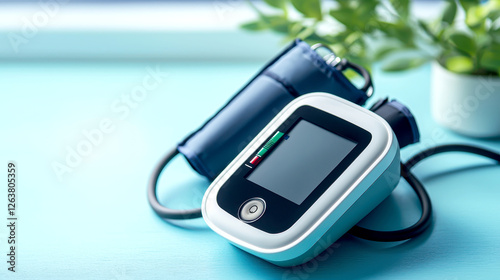 Access to health technology and telemedicine concept. Modern Digital Blood Pressure Monitor Next to Cuff and Plant on Light Blue Background