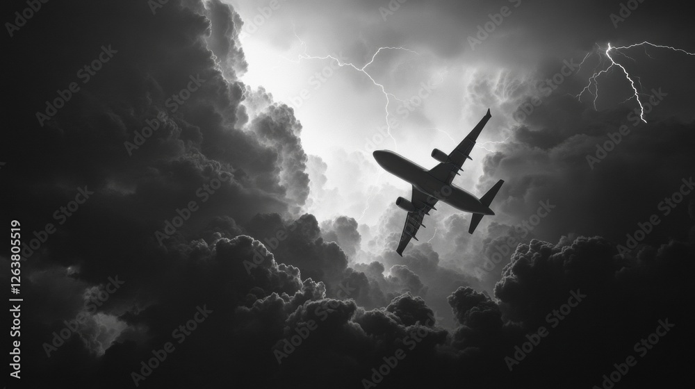 Naklejka premium Dark clouds swirl as an airplane flies through a thunderstorm in dramatic black and white high above the landscape. Generative AI