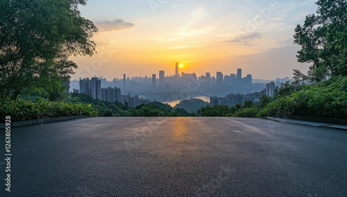 Urban Sunset Panorama: City Skyline Viewed from a Scenic Overlook
