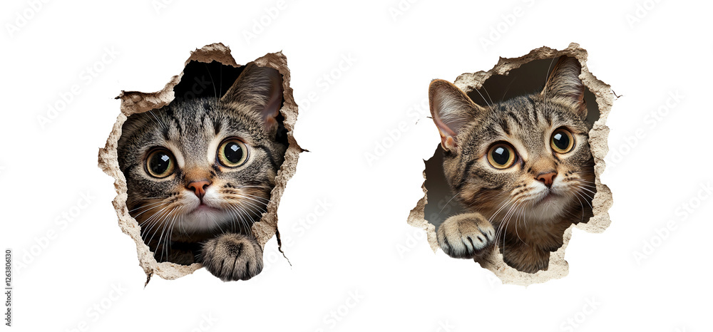 Fototapeta premium Playful Cats Peeking Through Torn Wall