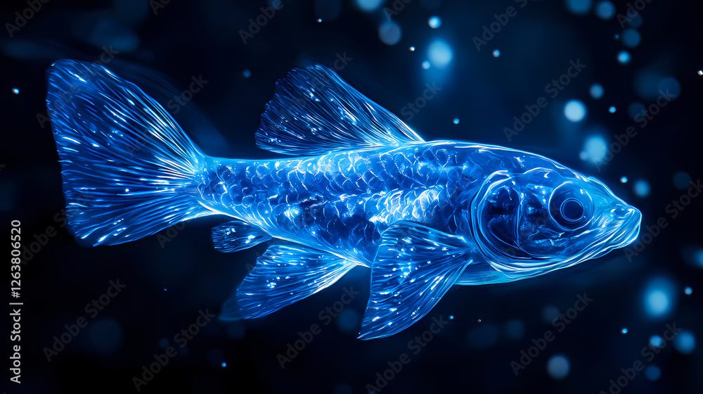 Fototapeta premium Bioluminescent sea sapphire swimming in dark ocean depths. Sapphire Ocean Depths. Illustration