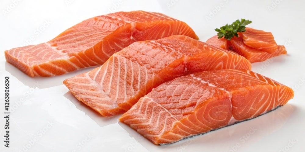 Fresh Salmon Pieces on a White Isolate Background - Low Light Photography for Culinary Arts and Food Styling Fresh Salmon Pieces on a White Isolate Background - Low Light Photography for Culinary Arts and Food Styling