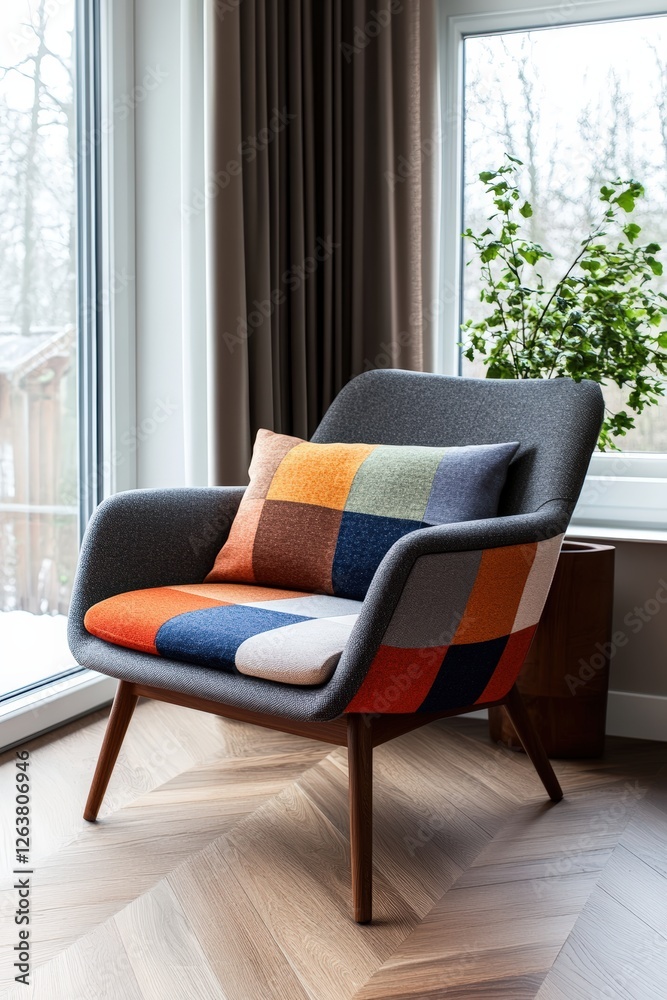 Chair with colorful cushion positioned in front of a window with natural light and soft background Chair with colorful cushion positioned in front of a window with natural light and soft background