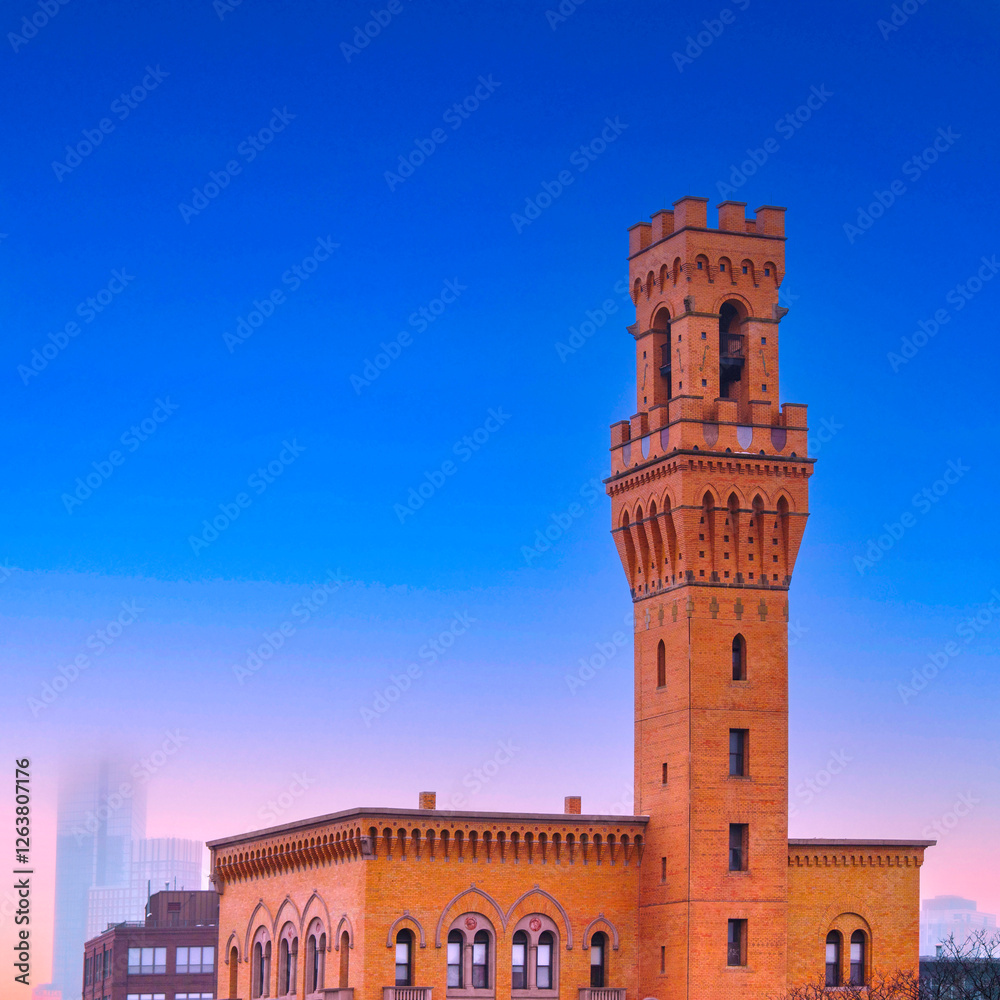 Obraz premium Boston Landmark Monument on I-93 Interstate Highway at sunset in Massachusetts