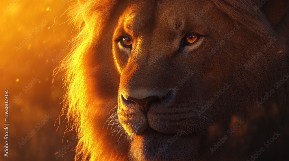 Naklejka premium Majestic lion portrait bathed in golden light highlighting detail and intricate texture of its fur