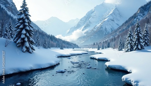 Icy river flowing through a snowy valley with misty mountains, alps, serenity