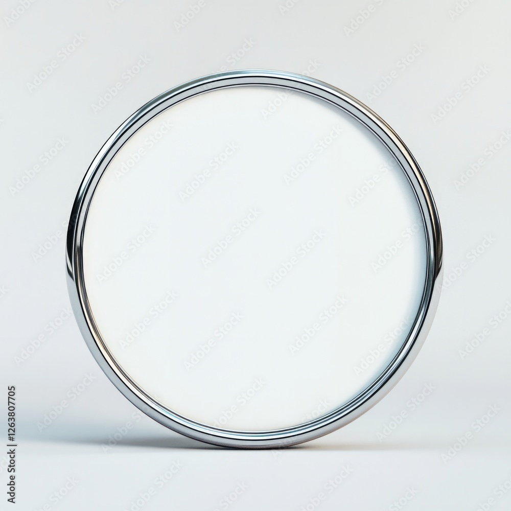 Minimalist circular metal frame with white center on light background Minimalist circular metal frame with white center on light background