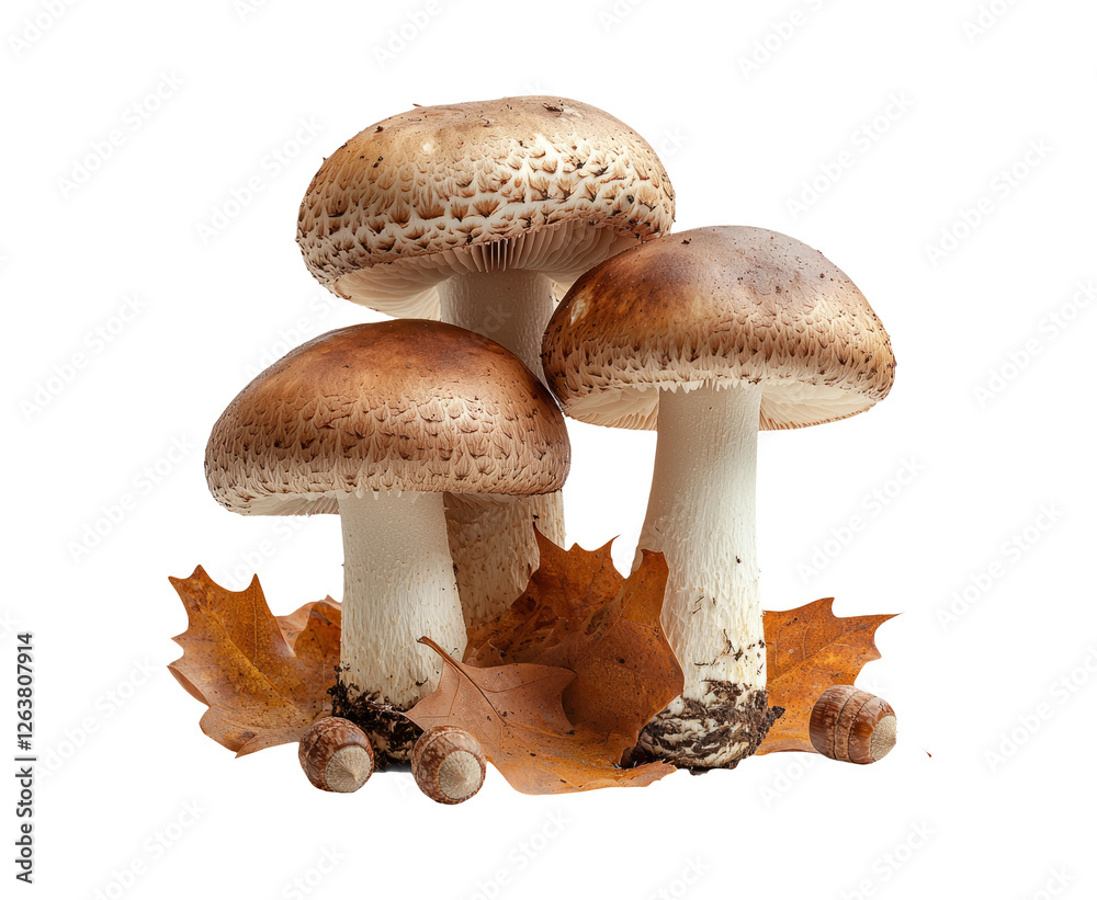 Fresh Mushrooms with Autumn Leaves on Transparent Background Fresh Mushrooms with Autumn Leaves on Transparent Background