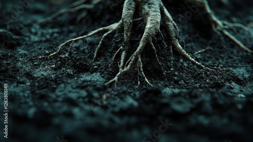 Dark Roots: A Mystical Close-Up of Tree Roots Emerging from the Earth photo