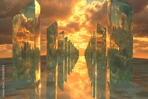 Sunset over a futuristic city with glass skyscrapers reflecting golden light, creating a symmetrical composition.