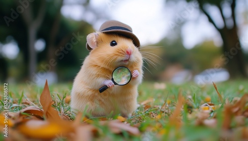 Hamster detective investigates clues in a park setting, amidst fall foliage