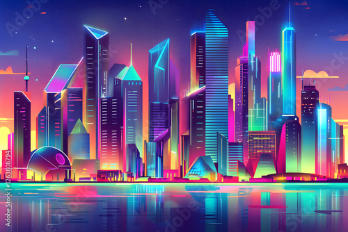 Futuristic cityscape with neon lights reflecting off sleek metallic skyscrapers, featuring geometric shapes and vibrant colors.
