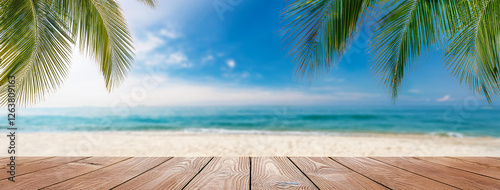 Wooden floor or plank on sand with palm coconut, blurred summer beach and sky background. Royalty high-quality free best stock of empty wooden planks for product display, beautiful nature tranquil