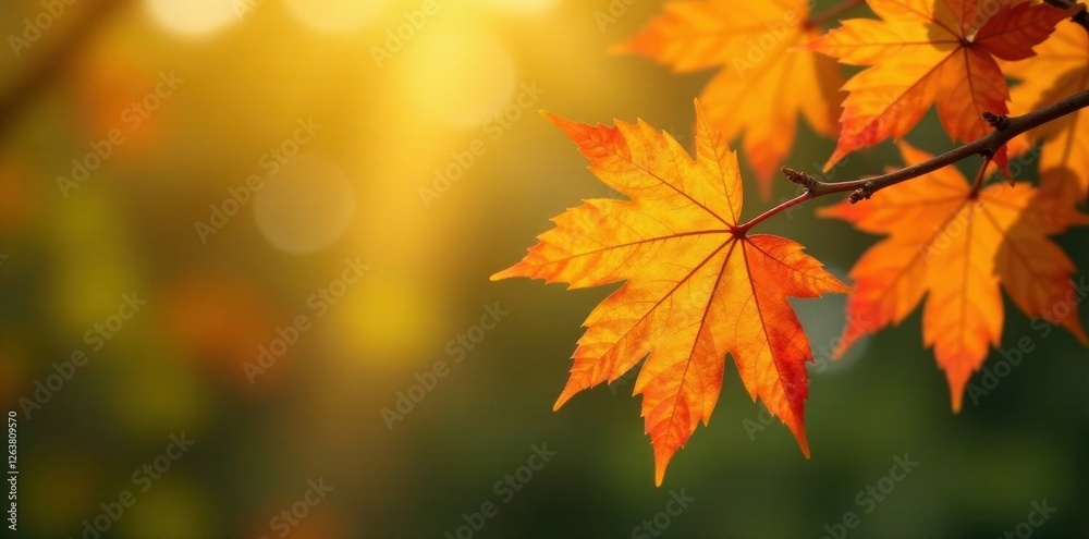 Autumn branch with vibrant orange and yellow leaves, surrounded by green foliage, against a warm golden background , fall, branch, foliage Autumn branch with vibrant orange and yellow leaves, surrounded by green foliage, against a warm golden background , fall, branch, foliage