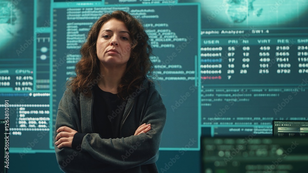 Cyber security expert in a national safety operations center detecting cyber attacks or threats. Governmental hacking team focusing on data protection, cyber operations in progress. Camera A. Cyber security expert in a national safety operations center detecting cyber attacks or threats. Governmental hacking team focusing on data protection, cyber operations in progress. Camera A.
