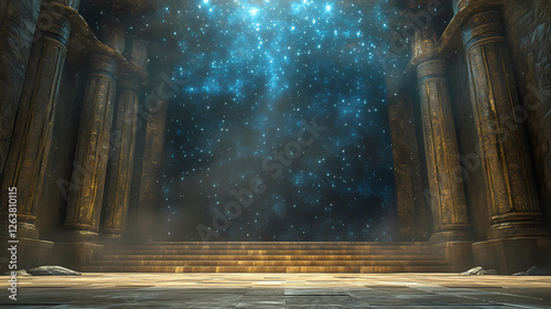 Empty golden stage with blue accents shines under a celestial array. Celestial Knights. Illustration