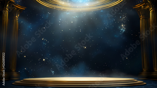 Empty golden stage with blue accents shines under a celestial array. Celestial Knights. Illustration