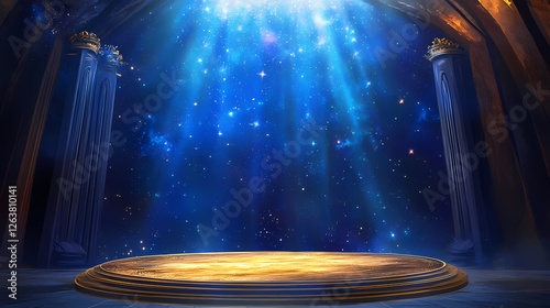 Empty golden stage with blue accents shines under a celestial array. Celestial Knights. Illustration